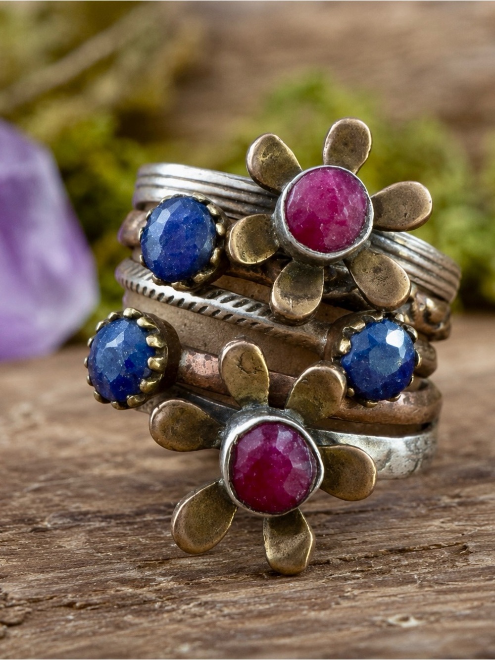Vintage 925 Sterling silver Ruby Sapphire Flower Wide Stackable Statement Ring